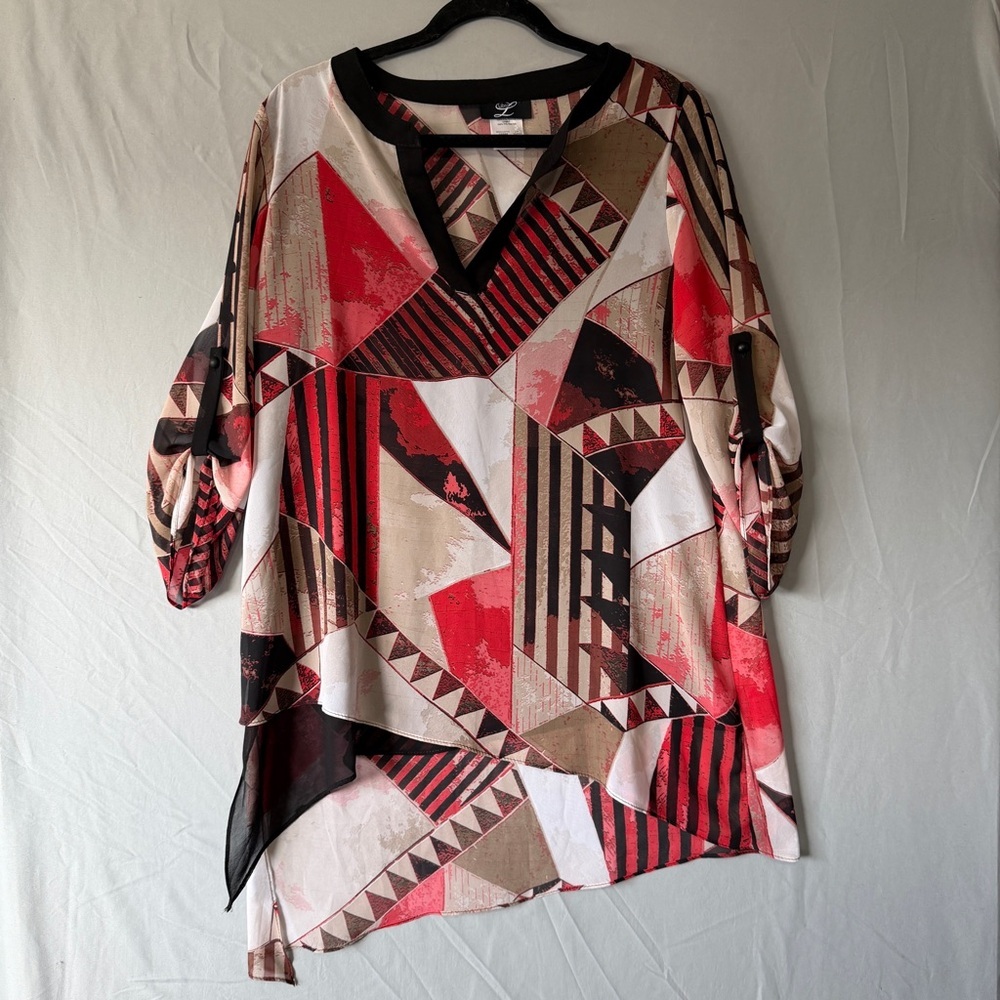 Libra Womens Geometric Lagenlook Tunic Top Size L Asymmetrical Artsy Sheer Vneck
